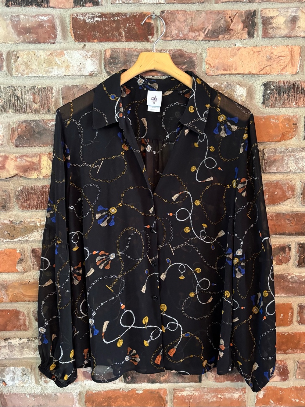CAbi 3861 Victoria Black Sheer Button Down Long Sleeve Blouse Top, XL